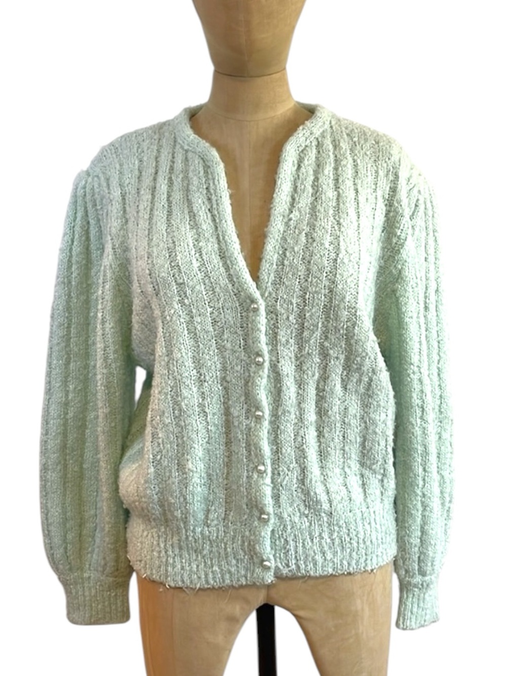 VTG Pearl Button Cardigan Large Mint Green Knit Vintage Long Sleeve Granny 60s